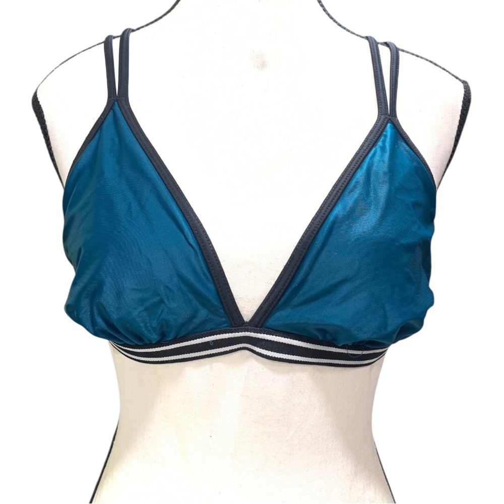 Xhilaration Teal Triangle Bikini Top with a black and white striped elastic band